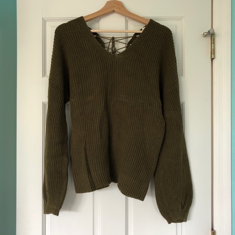 Cotton Lace Up Back Sweater Balloon Sleeves